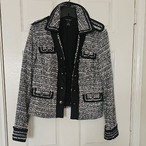 White House Blk Market Textured Tweed Ruffle Trophy Jacket Size 10